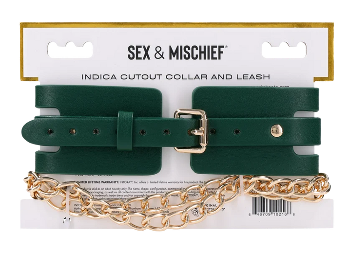 Emerald green faux leather collar with cutout detailing and a gold chain leash
