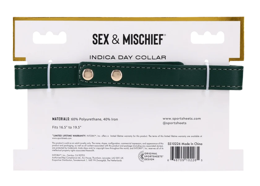 Emerald green faux leather day collar with a gold chain drape and centered gold ring