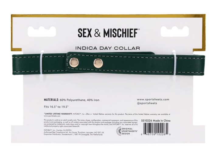 Emerald green faux leather day collar with a gold chain drape and centered gold ring