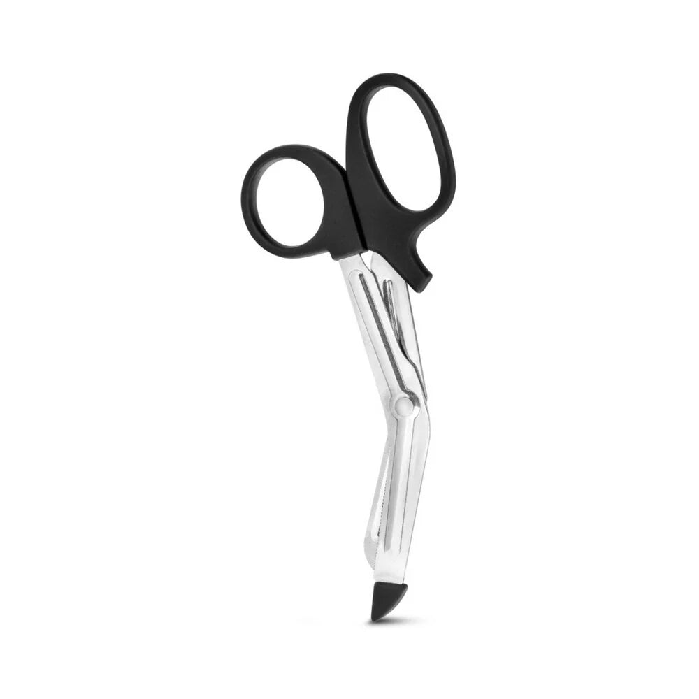 Black-handled stainless steel bondage safety shears with a blunt, angled tip