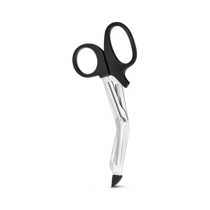 Black-handled stainless steel bondage safety shears with a blunt, angled tip