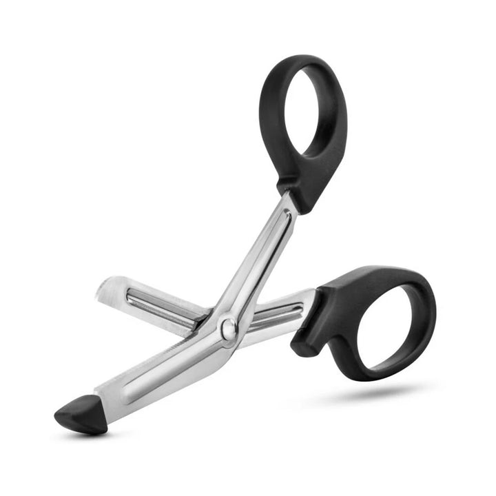 Black-handled stainless steel bondage safety shears with a blunt, angled tip