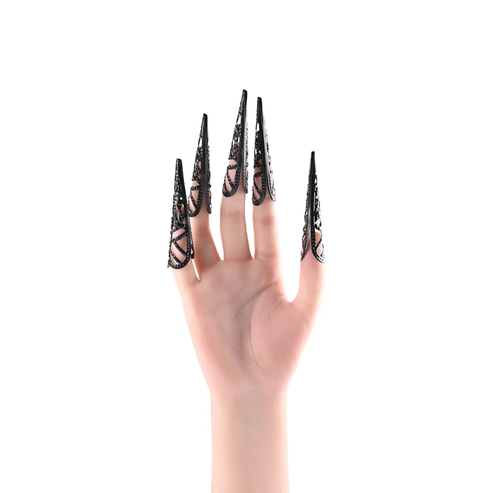 Set of five pointed metal fingertip claws with adjustable bands
