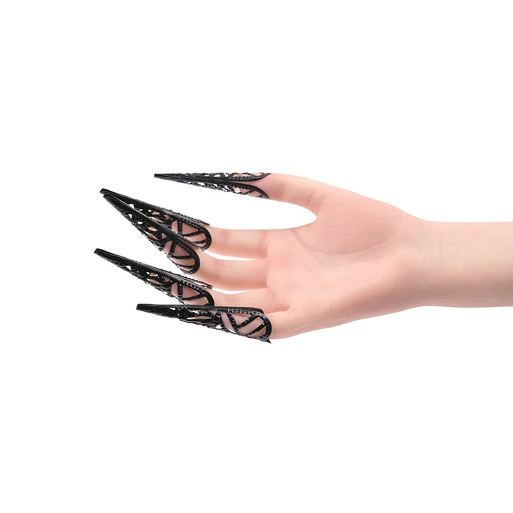 Set of five pointed metal fingertip claws with adjustable bands