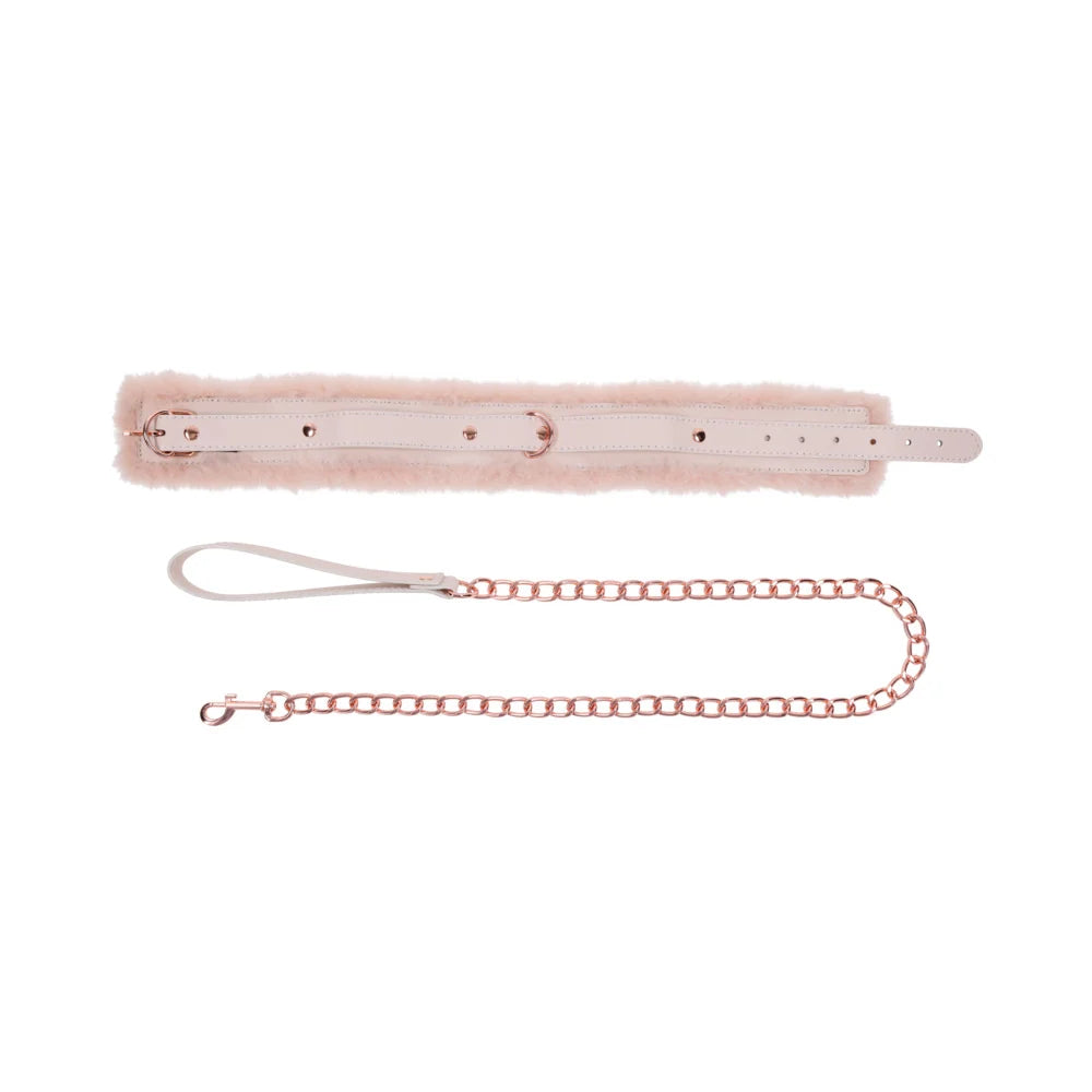 Peach faux fur lined collar with a detachable rose gold chain leash