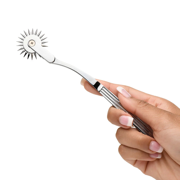 Wartenberg sensation wheel, a spiked metal wheel on a slim handle, shown with its box