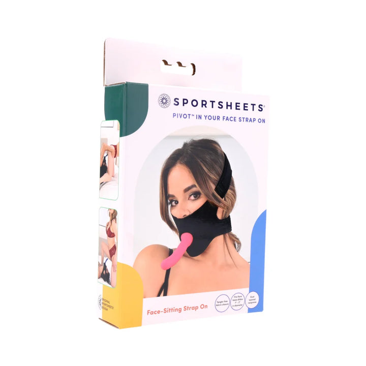 Black neoprene head harness with hook and loop straps, worn over the mouth for face-sitting play