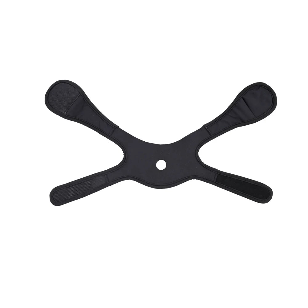 Black neoprene head harness with hook and loop straps, worn over the mouth for face-sitting play
