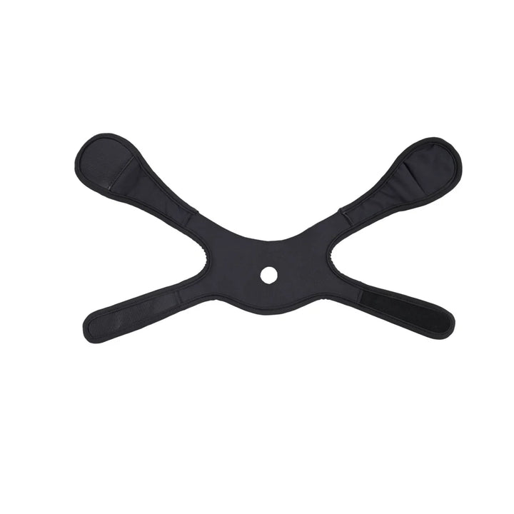 Black neoprene head harness with hook and loop straps, worn over the mouth for face-sitting play