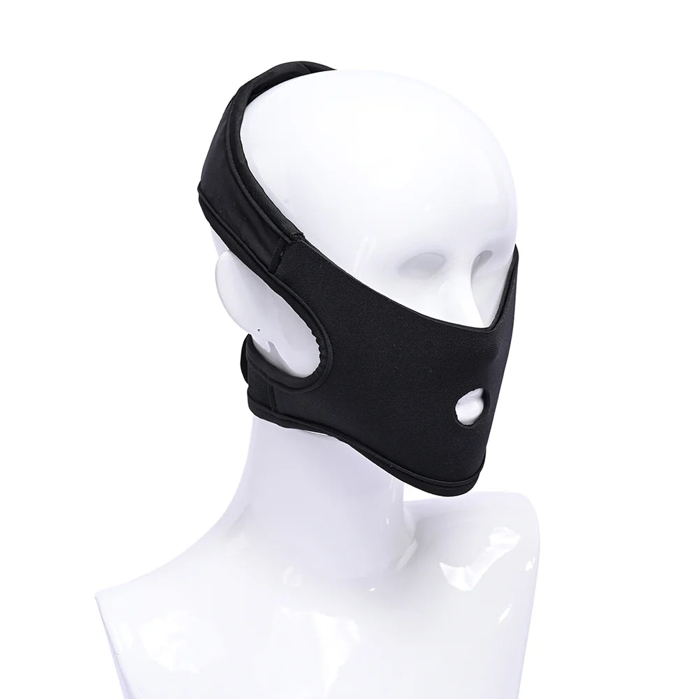 Black neoprene head harness with hook and loop straps, worn over the mouth for face-sitting play