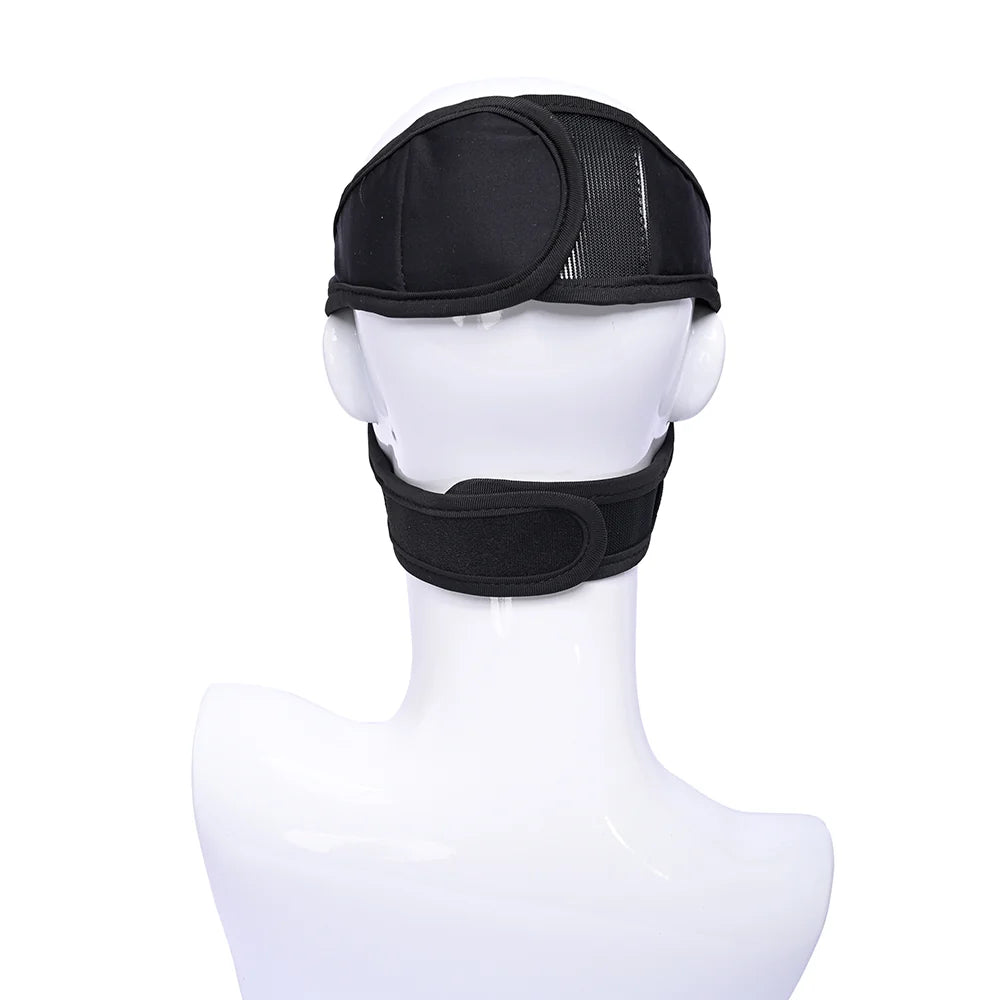 Black neoprene head harness with hook and loop straps, worn over the mouth for face-sitting play