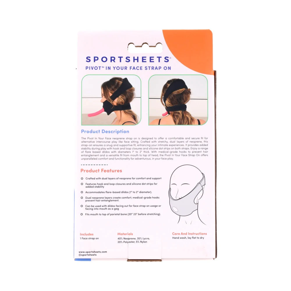 Black neoprene head harness with hook and loop straps, worn over the mouth for face-sitting play