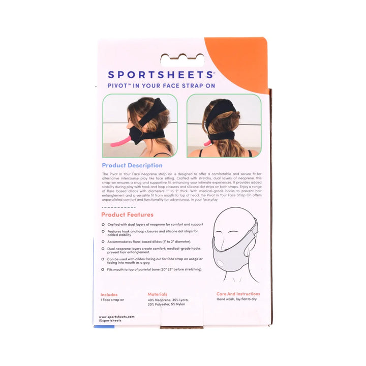 Black neoprene head harness with hook and loop straps, worn over the mouth for face-sitting play