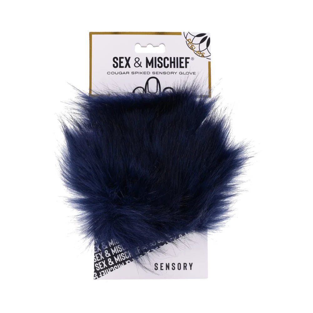 Royal blue faux fur mitt with gold spikes concealed on one side