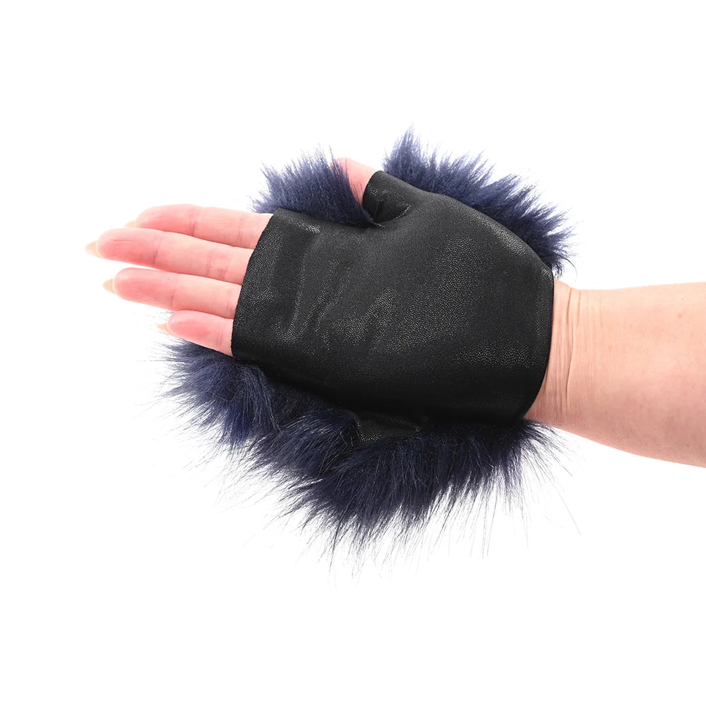 Royal blue faux fur mitt with gold spikes concealed on one side