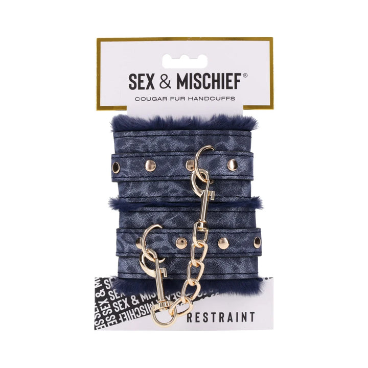 Blue animal print faux leather handcuffs lined in blue faux fur with gold hardware and chain