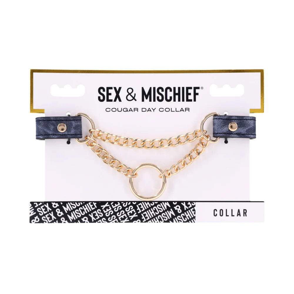 Blue animal print faux leather day collar with a draped gold chain and a gold ring at the center