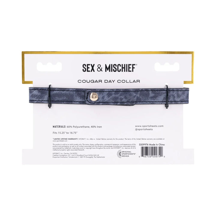Blue animal print faux leather day collar with a draped gold chain and a gold ring at the center