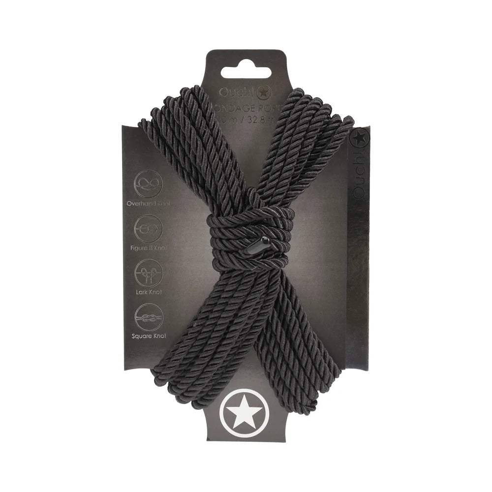 Ouch! bondage rope in black, coiled in a figure eight on its branded backing card