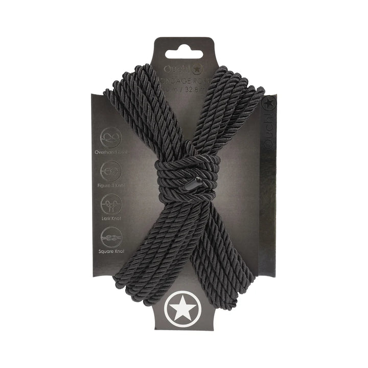 Ouch! bondage rope in black, coiled in a figure eight on its branded backing card