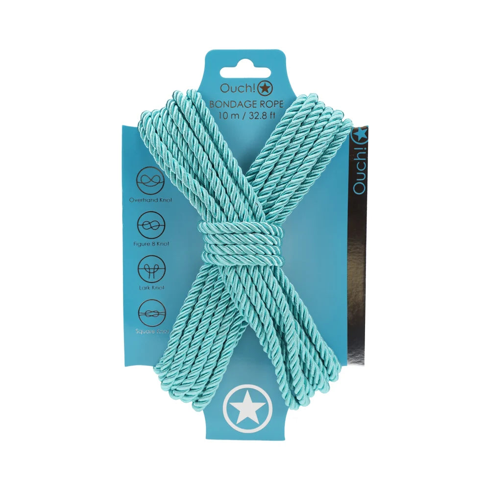Ouch! bondage rope in blue, coiled in a figure eight on its branded backing card