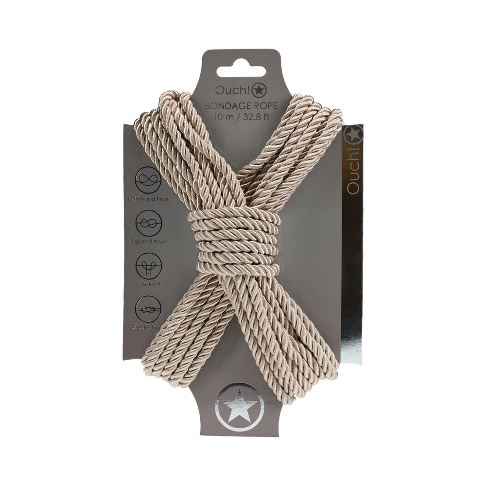 Ouch! bondage rope in gold, coiled in a figure eight on its branded backing card