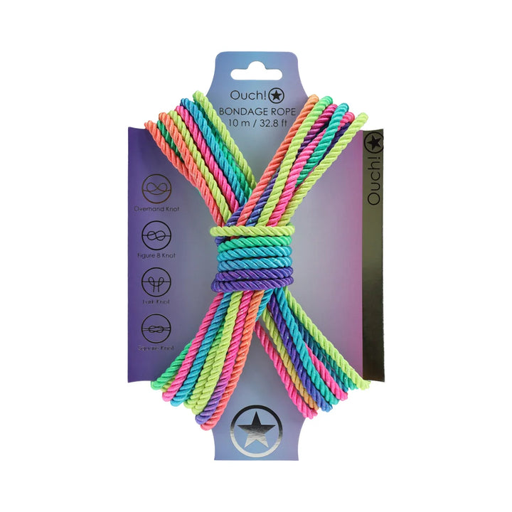 Ouch! bondage rope in bright multicolor, coiled in a figure eight on its branded backing card