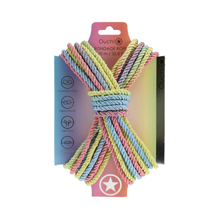Ouch! bondage rope in pastel multicolor, coiled in a figure eight on its branded backing card
