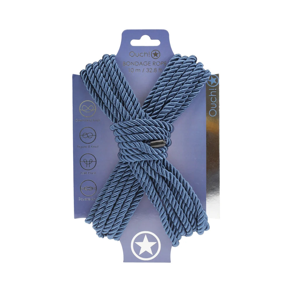 Ouch! bondage rope in navy blue, coiled in a figure eight on its branded backing card
