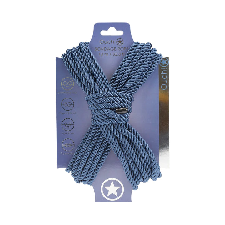 Ouch! bondage rope in navy blue, coiled in a figure eight on its branded backing card