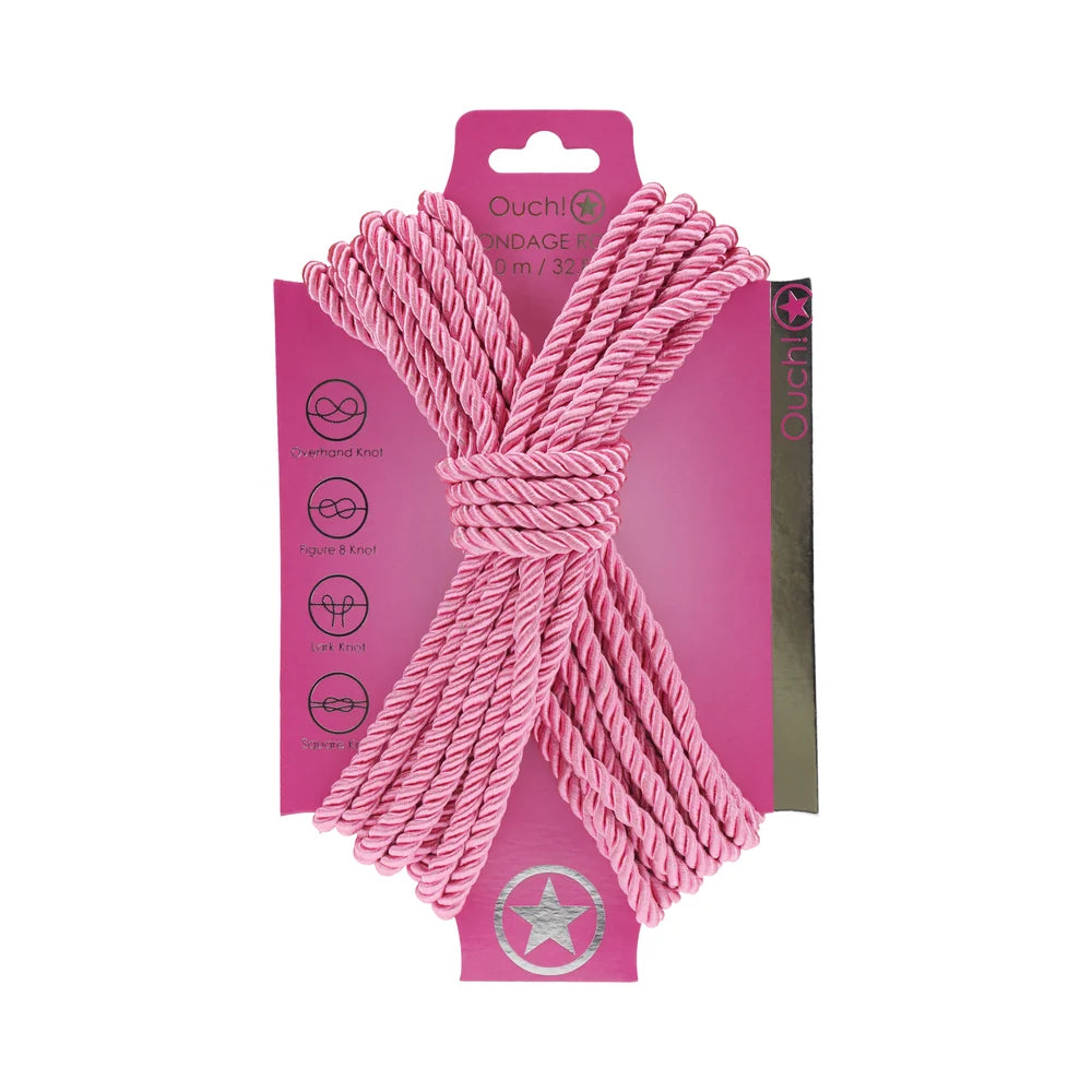 Ouch! bondage rope in pink, coiled in a figure eight on its branded backing card