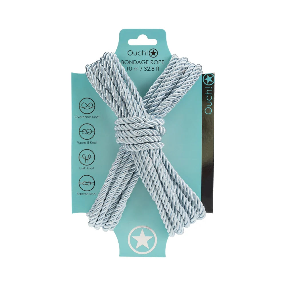 Ouch! bondage rope in powder blue, coiled in a figure eight on its branded backing card