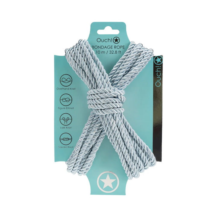 Ouch! bondage rope in powder blue, coiled in a figure eight on its branded backing card