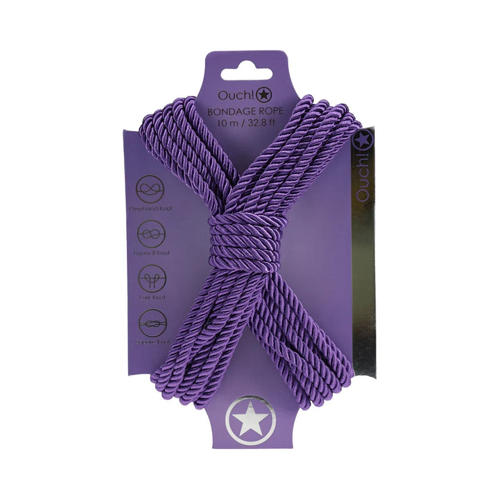 Ouch! bondage rope in purple, coiled in a figure eight on its branded backing card