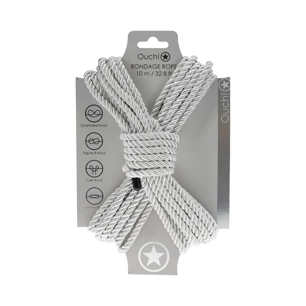 Ouch! bondage rope in silver, coiled in a figure eight on its branded backing card