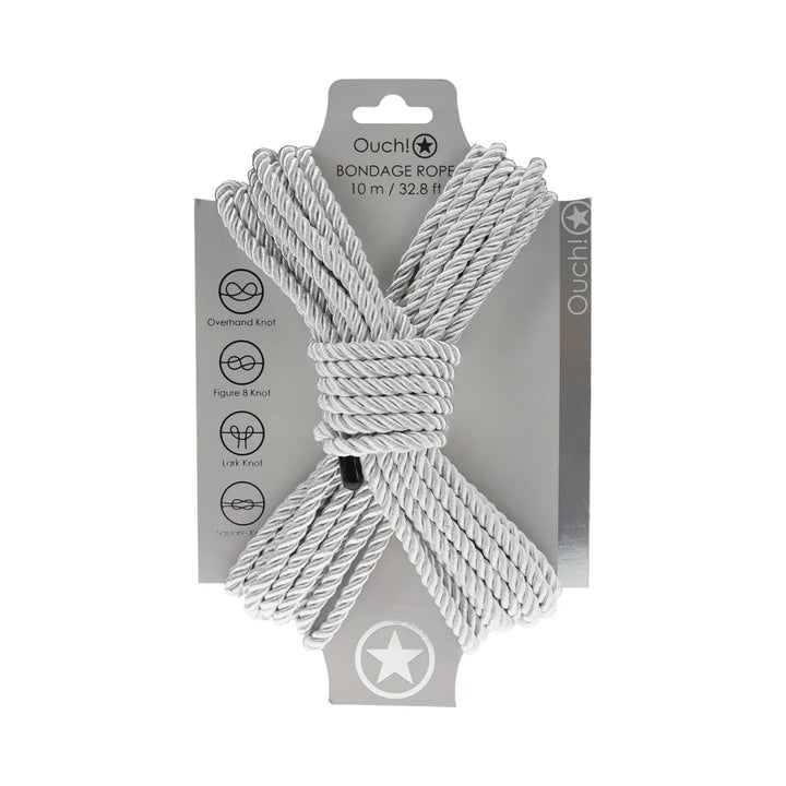 Ouch! bondage rope in silver, coiled in a figure eight on its branded backing card