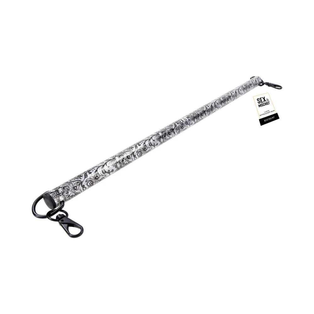 Brushed silver aluminum spreader bar with a black lace pattern and clips at each end
