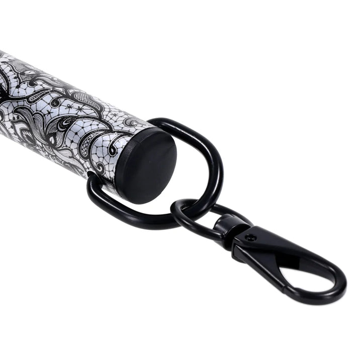 Brushed silver aluminum spreader bar with a black lace pattern and clips at each end