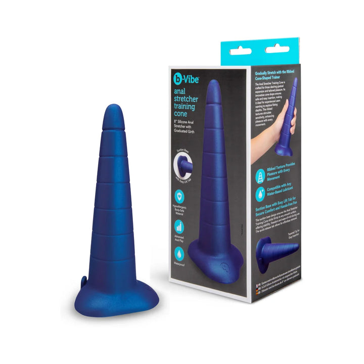 b-Vibe anal training cone in blue silicone, tapered from narrow tip to wide base
