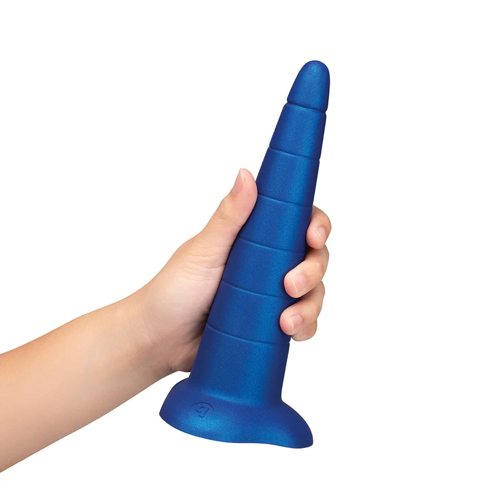 b-Vibe anal training cone in blue silicone, tapered from narrow tip to wide base