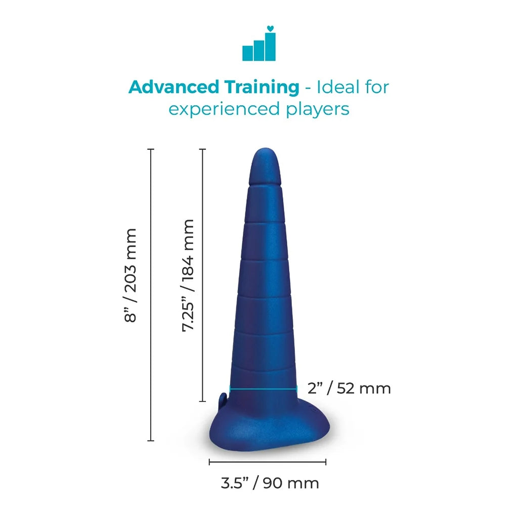 b-Vibe anal training cone in blue silicone, tapered from narrow tip to wide base