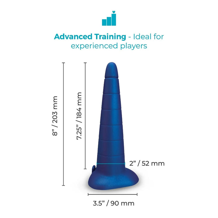 b-Vibe anal training cone in blue silicone, tapered from narrow tip to wide base