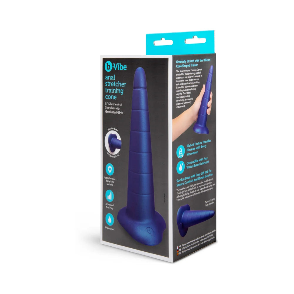 b-Vibe anal training cone in blue silicone, tapered from narrow tip to wide base