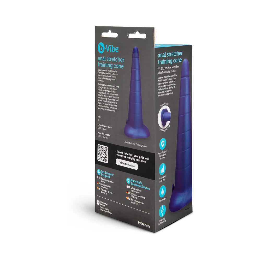 b-Vibe anal training cone in blue silicone, tapered from narrow tip to wide base