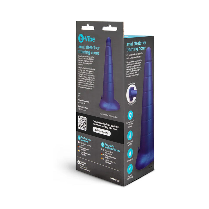 b-Vibe anal training cone in blue silicone, tapered from narrow tip to wide base