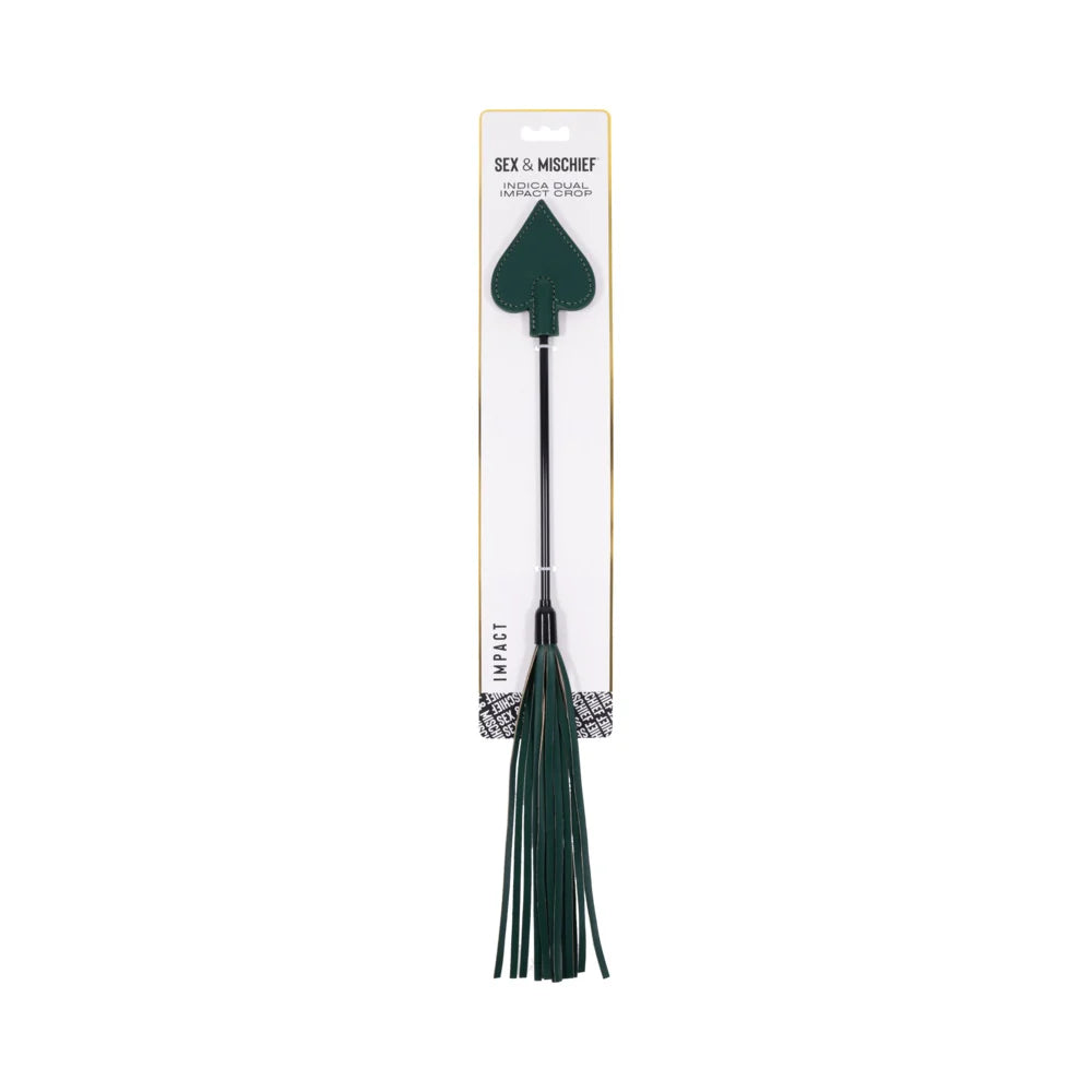 Emerald green crop with a spade-shaped tip at one end and faux leather falls at the other