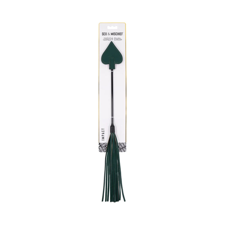 Emerald green crop with a spade-shaped tip at one end and faux leather falls at the other