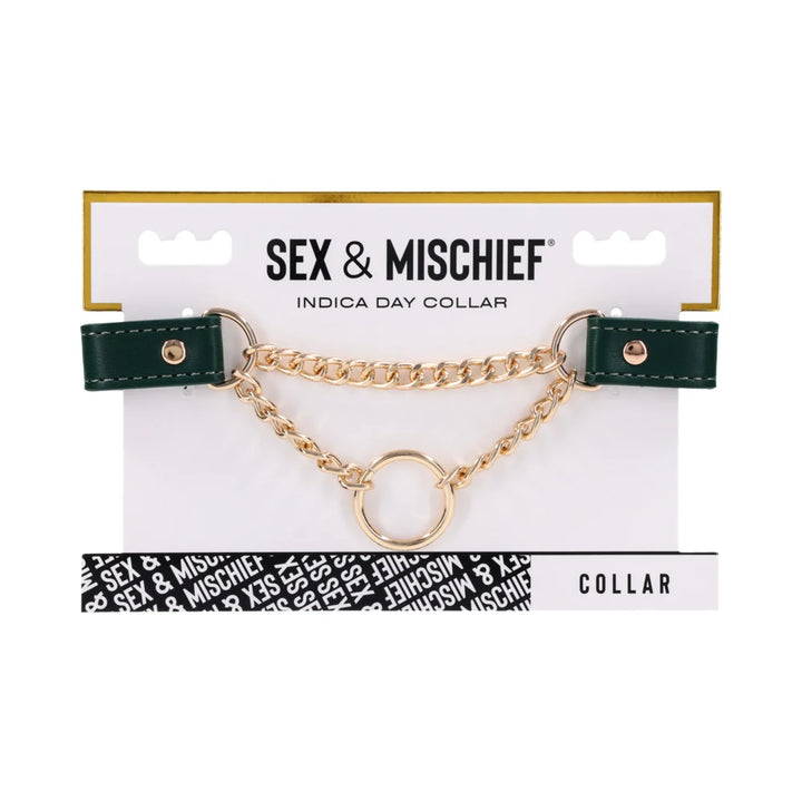 Emerald green faux leather day collar with a gold chain drape and centered gold ring