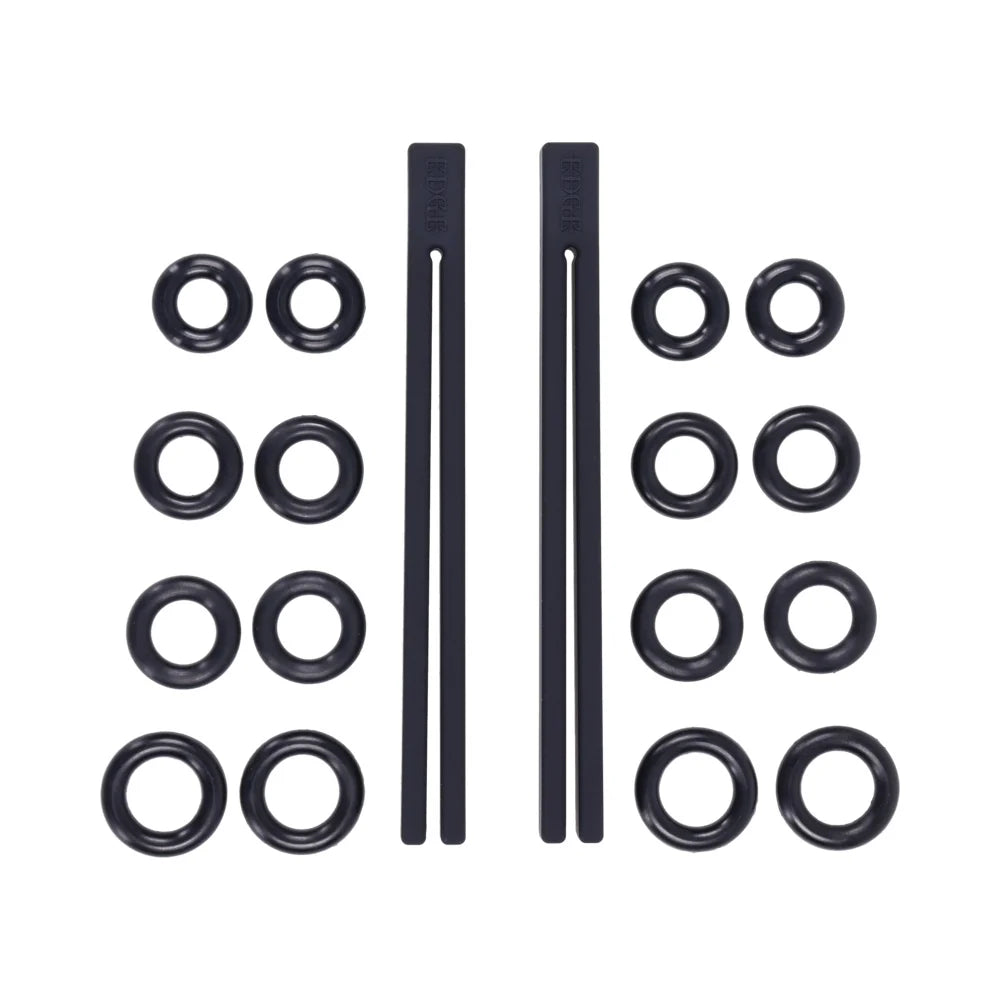 Pair of flat black silicone rods fused at one end, shown with the included silicone tension rings