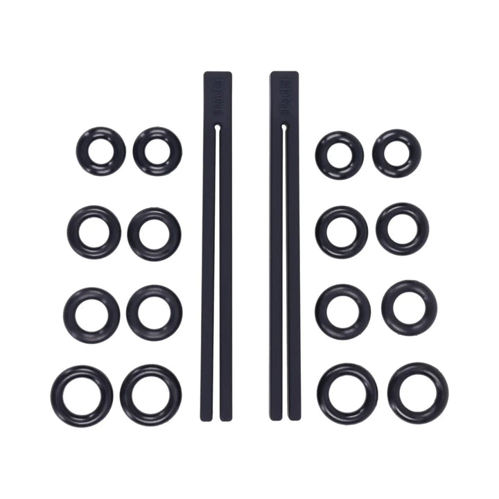 Pair of flat black silicone rods fused at one end, shown with the included silicone tension rings